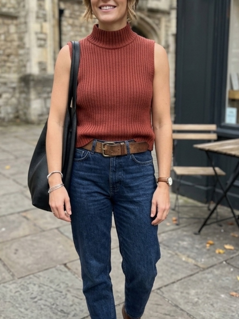All Saints Helm Burnt Orange Ribbed Sleeveless Turtleneck Sweater Rust Brown M
